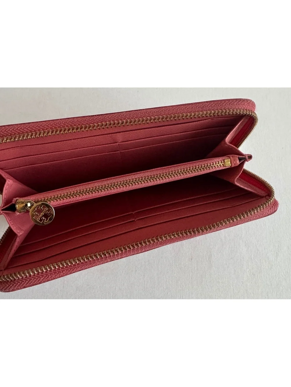 Tory Burch T80 Pink Saffiano Leather Zip Around Continental Wallet Gold Logo